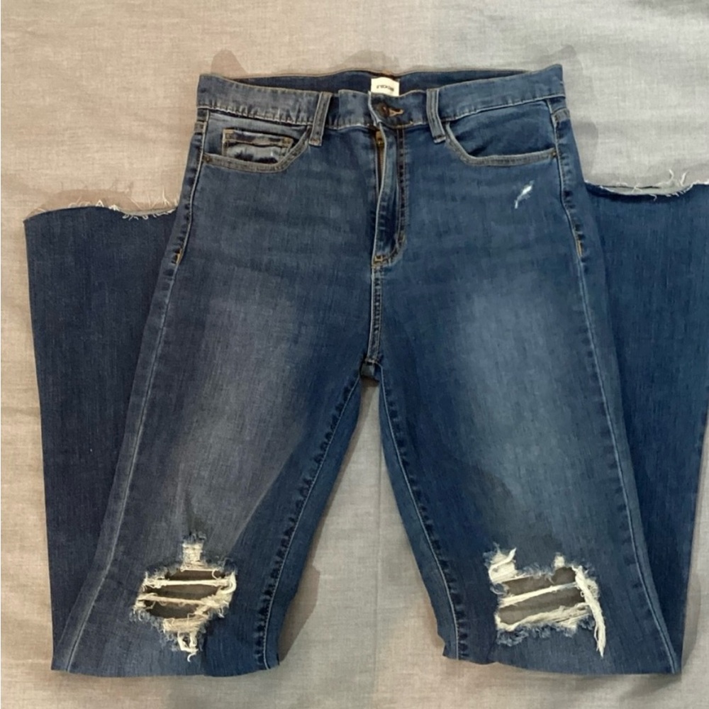 Sneak Peek distressed jeans, flared bottom, high rise, size tag says 9/W29